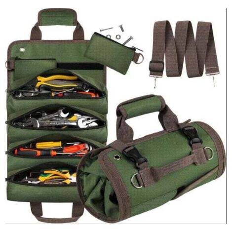 Bolsa de herramientas enrollable, resistente, con 4 bolsillos y 2 bolsillos desmontables, organizadora para papá, mecánico, electricista y reparador, color verde