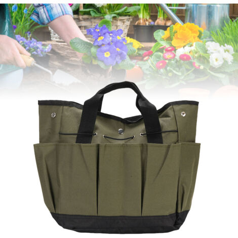 Bolsa de jardín de tela Oxford verde oliva – Caja de herramientas portátil con múltiples compartimentos para acampar y actividades al aire libre.