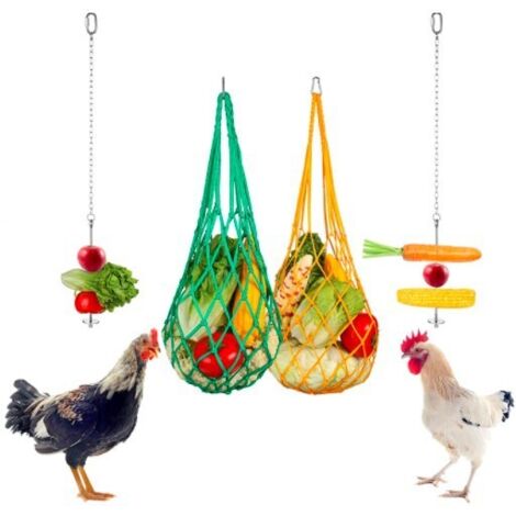 Bolsa de malla para comedero de pollos (4 unidades), bolsa de malla para comedero de pollos, bolsa de red colgante, brocheta de acero inoxidable para loros, para pollos y pájaros