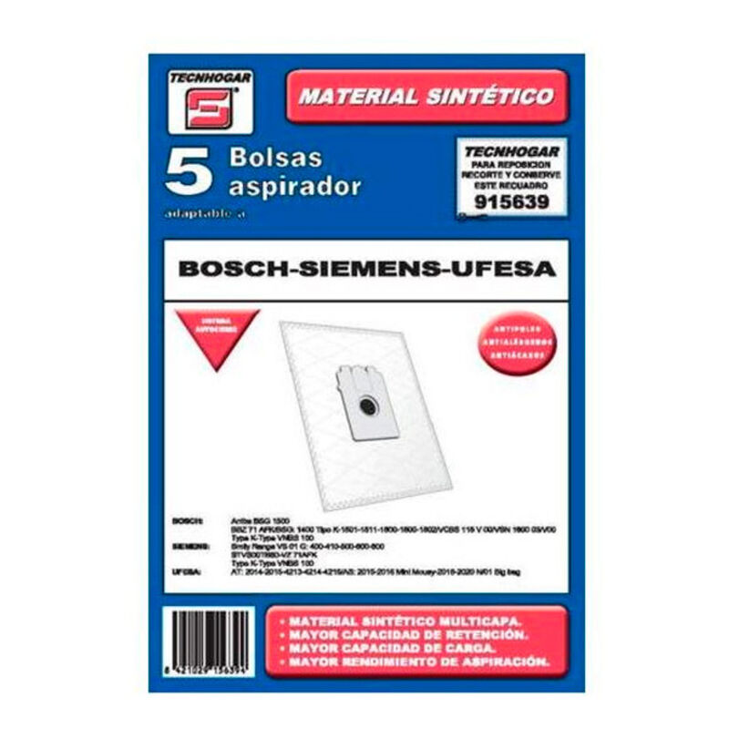 

Bolsa de Recambio para Aspiradora Tecnhogar 915639 (5 uds)