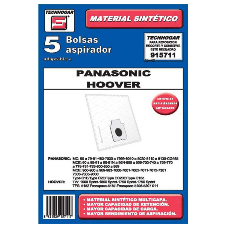 

Bolsa de Recambio para Aspiradora Tecnhogar 915711 (5 uds)