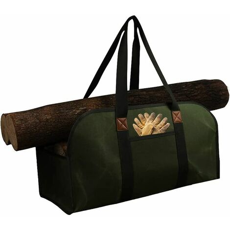 Bolsa de transporte de troncos de leña, estante de lona encerada de gran capacidad con correas de transporte, para chimeneas, estufas de leña, troncos de leña (verde oscuro, 55 x 24 x 28 cm)——