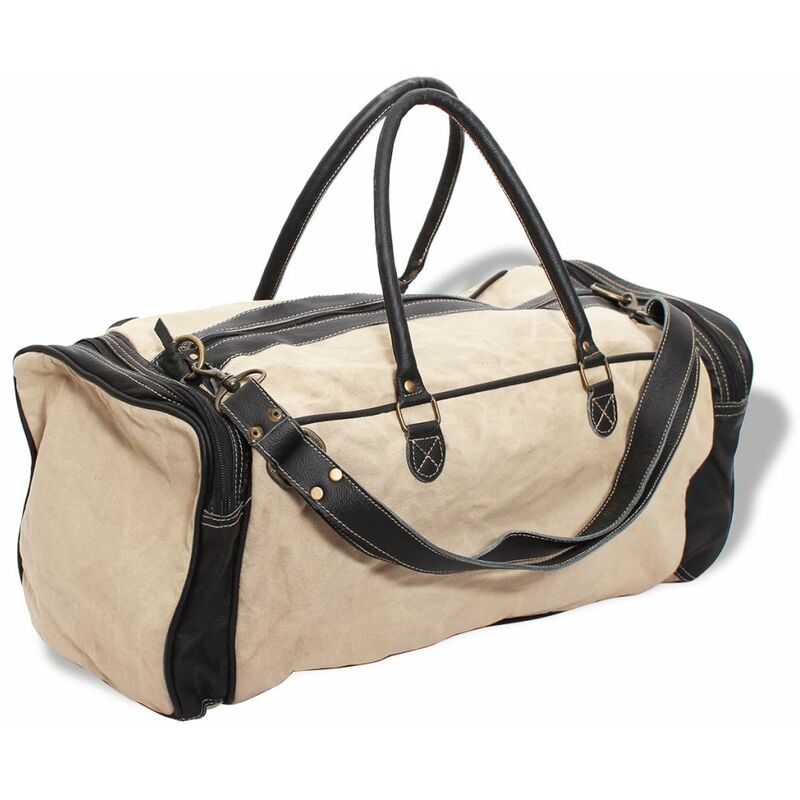 

Bolsa de viaje de lona y cuero real beige