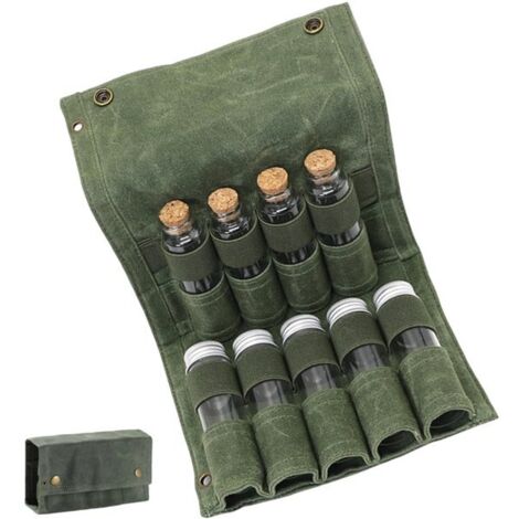 Bolsa de viaje para especias - Bolsa portátil para almacenar especias - Capacidad para 9 frascos de especias - Lona plegable - Ideal para acampar, fiestas y barbacoas - 19,5 x 10,5 x 6,5 cm - Verde mi