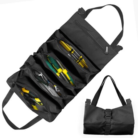 Bolsa enrollable para herramientas, bolsa de lona para herramientas con llaves, bolsa enrollable multiusos con 5 bolsillos con cremallera, ideal para fontaneros y electricistas (verde) (negro)