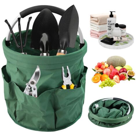Bolsa para herramientas de jardín de 17 litros: Bolsa plegable para herramientas de jardín de tela Oxford 600D, cesta de jardín con 1 compartimento principal y 6 bolsillos externos.