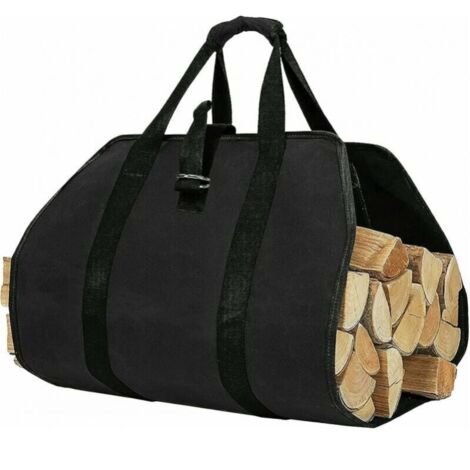 Bolsa para leña negra, 46 x 98 cm, de lona, plegable, accesorio para chimenea, ideal para estufas de leña, camping y playa.