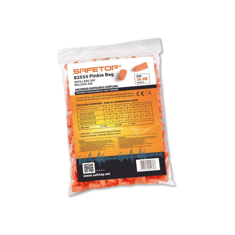 

Bolsa de tapones auditivos para dispensador Pinkie SNR 36dB (500 uds) - Safetop