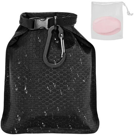 Bolsa portajabón con red y mosquetón. Ultraligera, de secado rápido, impermeable, ideal para viajes, camping y actividades al aire libre (negra).