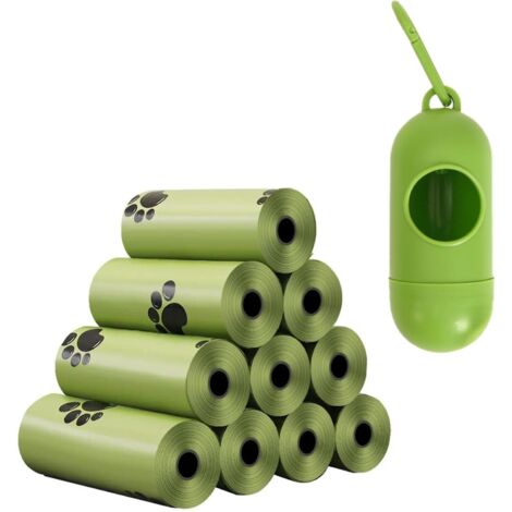 Bolsas biodegradables para excremento de perro con dispensador portátil, bolsas perfumadas, 10 rollos (150 bolsas), 33 x 22 cm, compostables, resistentes a las roturas, ecológicas.