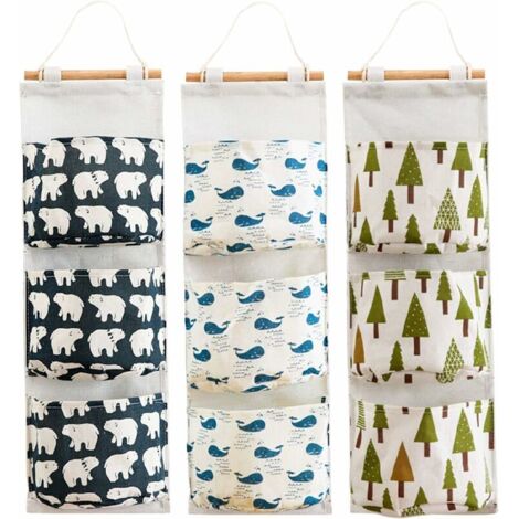 Bolsas de almacenamiento colgantes de 3 piezas con 3 bolsillos, cestas organizadoras de tela para pared, ideales para dormitorio, baño y cocina. Impermeables y con estilo (Oso/Árbol/Ballena).