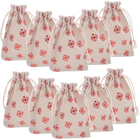 Bolsas de lino, juego de 10, bolsas de yute con cordón, estampado de estrellas, bolsas de regalo de Navidad, bolsas de arpillera, bolsas de tela, bolsas de regalo colgantes, copo de nieve, rojo, 10 × 
