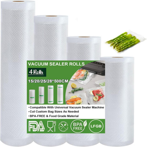 Bolsas de vacío para alimentos, 15/20/25/28x500cm, 4 rollos de película de vacío para alimentos, aprobadas por la FDA y LFGB, rollo de vacío para alimentos, bolsas para congelador al vacío, sin BPA