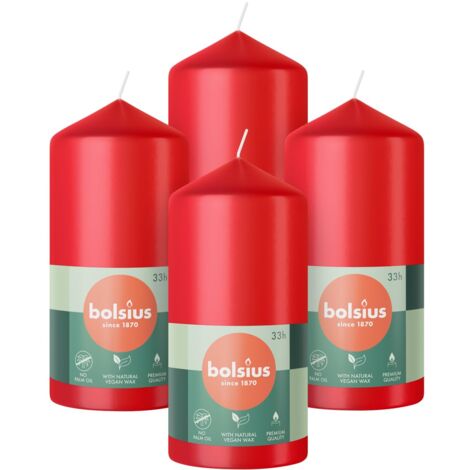 Bolsius Candele a colonna - colore rosso - confezione da 4 pezzi - 12 x 6 cm - lunga durata di 33 ore - non profumate - cera vegana naturale - senza olio di palma