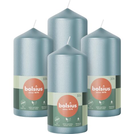 Bolsius Candele a pilastro, colore blu metallizzato, confezione da 4, 12 x 6 cm, durata di 33 ore, non profumate, include cera vegana naturale
