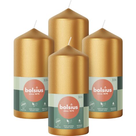 Bolsius Candele a pilastro lisce - oro metallizzato - 4 pezzi - 12 x 6 cm - lunghezza 33 ore - non profumate - include cera vegetale naturale - senza olio di palma