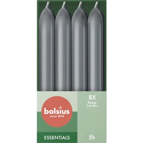 Bolsius Candele affusolate per cena – Antracite – Confezione da 8 – 17 cm – Lunga durata di 5 ore – Non profumate – Cera vegana naturale – antigoccia – senza olio di palma