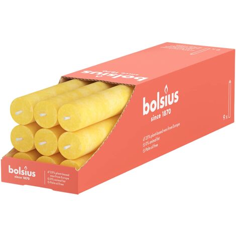 Bolsius - Candele rustiche – giallo – 9 pezzi – 27 x 2,3 cm – Lunghezza durata 13 ore – Non profumate – Contiene cera vegetale naturale – Senza olio di palma