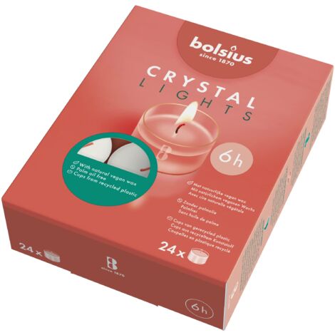Bolsius Crystal Lights - Box da 24 Pezzi - Tealight Bianche in Cup Trasparente - Cera Inodore - Durata: fino a 6 ore a candela - Cera Vegana - Senza Olio di Palma - Senza Profumo