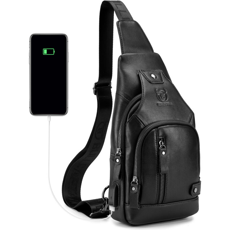 

Bullcaptain - Bolso bandolera de cuero para hombre, bandolera informal en el pecho, senderismo, viaje, mochila con puerto de carga USB,Negro