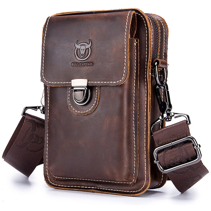 

Bullcaptain - Bolso de cuero para hombre, bolso de viaje, bandolera, bandolera, monedero para telefono celular,marron