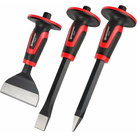 Bolster Chisel Set 3-Pieces, MAXPOWER Masonry Chisel Set with Thickness Hand Guard Included 300mm Point Chisel, 300mm Cold Chisel and 220mm Brick Chisel