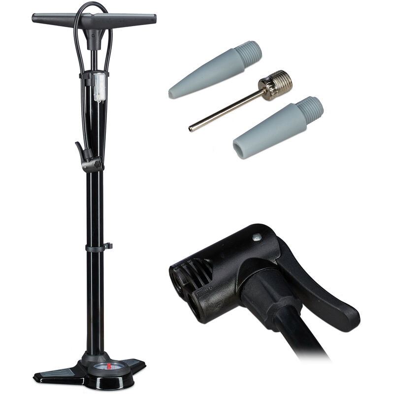 

Relaxdays - Bomba Bicicletas de Pie PROFI Universal con Manómetro, Doble Cabezal y Adaptadores para Válvulas, Negro, 70 cm