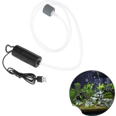Bomba de oxígeno para acuario, aireador silencioso, bomba de oxígeno portátil USB con piedra de aire y manguera de silicona, oxígeno para acuarios de agua dulce y salada, 1 W, color negro