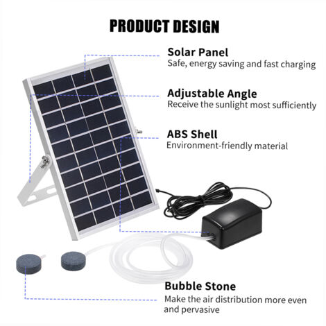 Bomba de oxígeno solar para acuarios y estanques: juego completo con difusores y mangueras funcionamiento nocturno gracias a su batería integrada modelo silencioso de 5 W para acuarios de 40 a 250 lit