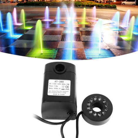 Bomba sumergible AT380 con LED para fuentes, acuarios y jardines – 15 W, 370 g, plástico, incluye manual de instrucciones y accesorios.