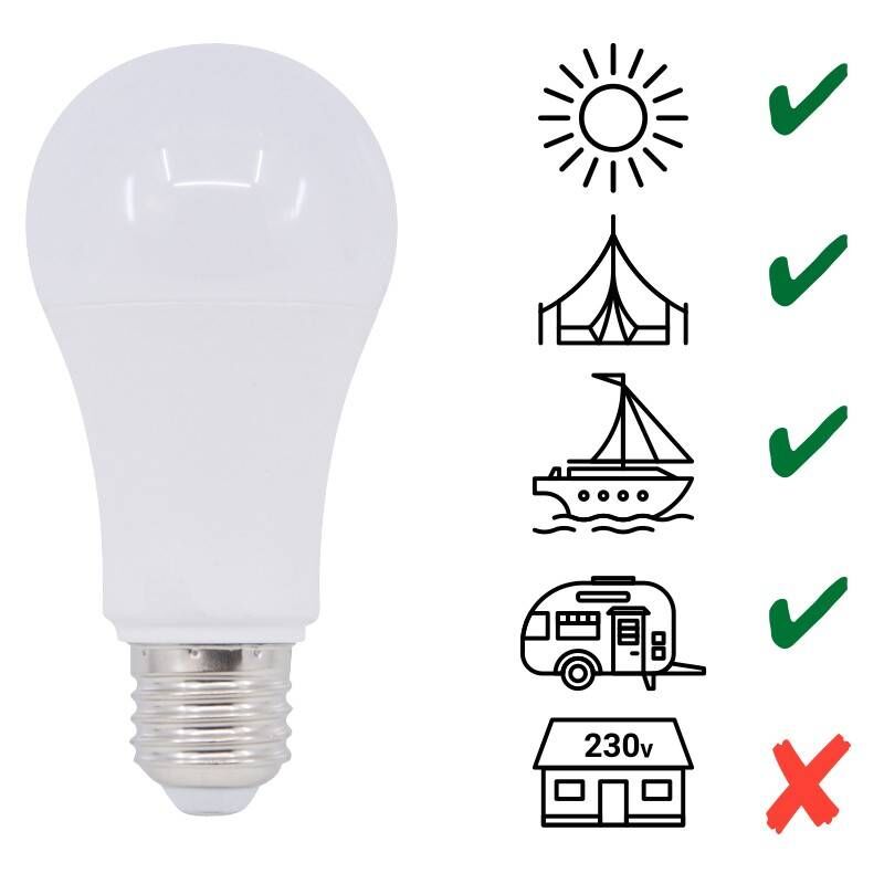

Bombilla 10-36V 7W E27 A60 para caravanas, camping y embarcaciones | Blanco Cálido