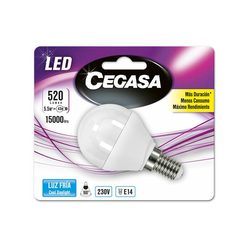 

Bombilla de led Esférica E14 5,5w fría - Cegasa
