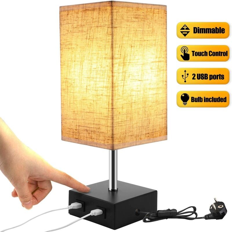 

Bombilla de luz blanca cálida Lámpara de mesilla táctil regulable 2 USB con bombilla E27 Lámpara de mesa con pantalla de tela beige para mesita de