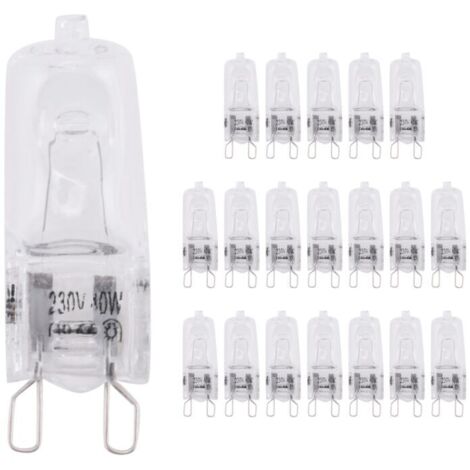 Bombilla halógena CHOYCLIT, paquete de 20 bombillas halógenas G9, 40 W, regulables, transparentes, luz blanca cálida de 2800 K, para lámparas de araña, colgantes y luces de paisaje.