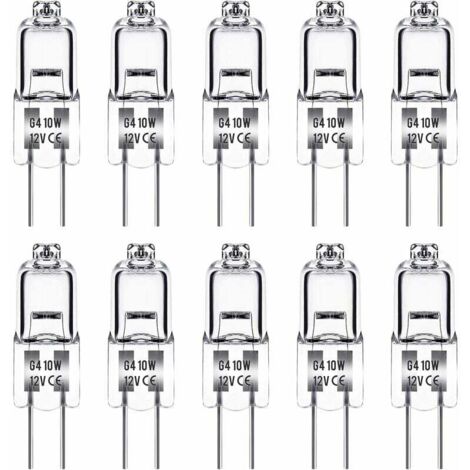 Bombilla halógena Fei Yu G4, 12 V, 10 W, blanco cálido 3000 K, 150 LM, regulable, cápsula transparente, paquete de 10