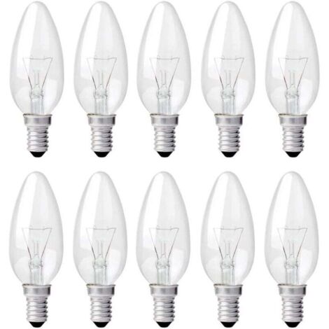 Bombilla incandescente regulable E14 de 40 W, transparente, tipo vela, luz blanca cálida de 2700 K, 400 lm, tipo llama, rosca Edison E14, paquete de 10