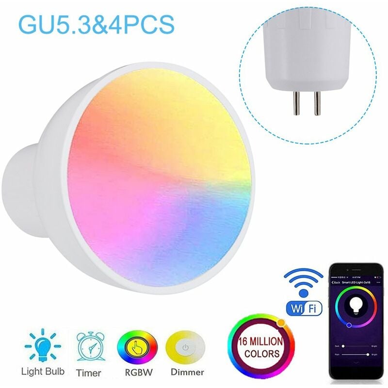 

Bombilla inteligente de GU10 / E27 / GU5.3 WiFi, taza de lampara regulable de RGBW 6W LED,GU5.3 y 4 piezas
