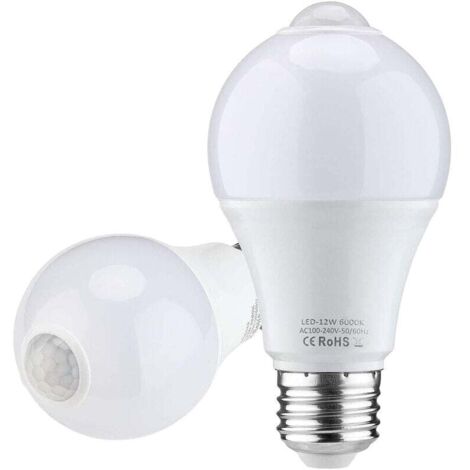 Bombilla LED con sensor de movimiento, E27, 12 W, blanco cálido 3000 K, con encendido y apagado automático, para garaje, escaleras, pasillo y jardín, 2 unidades [Nivel de energía]