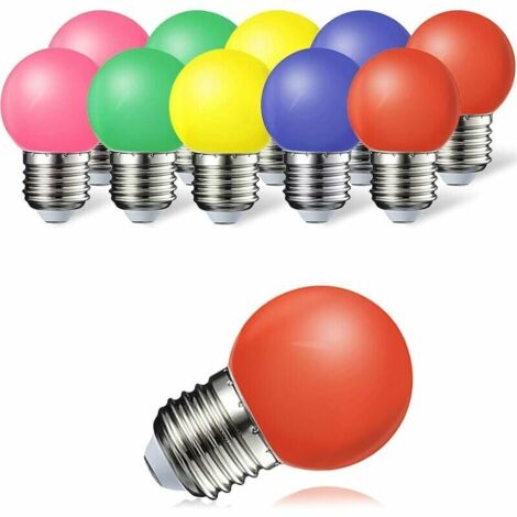 Bombilla LED de color, 1 W, paquete de 10, E27, 100 lm, ahorro de energía, lámpara de color, ángulo de 360°, rojo, amarillo, azul, verde y rosa [Clase energética A]