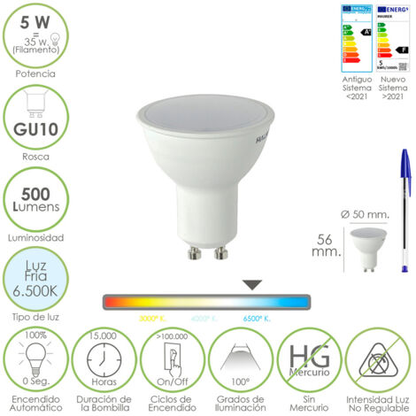 bombilla led dicroica rosca gu10. 5 watt. equivale a 30 watt. 500 lumenes. luz fria (6500º k.)