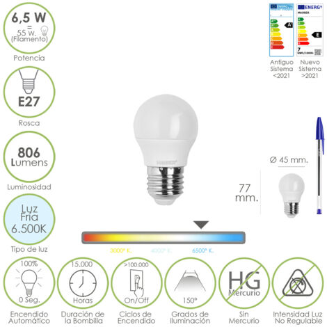 bombilla led esfera rosca e27. 6.5 watt. equivale a 55 watt. 806 lumenes. luz fría 6500º k.