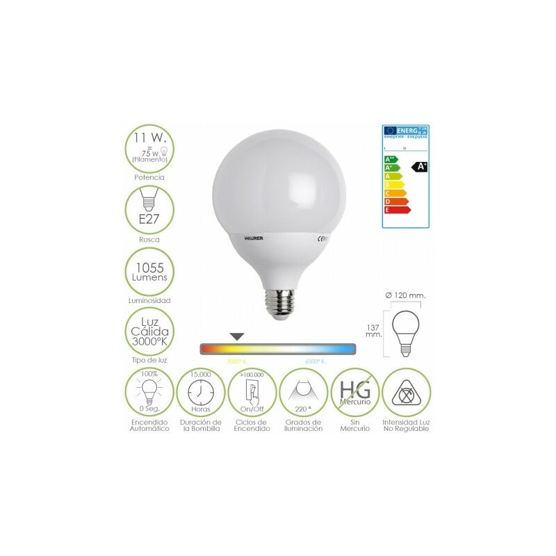 

Bombilla led globo e27. 11 w. = 75 w. 1055 lúmenes. luz calida (3000ºk)