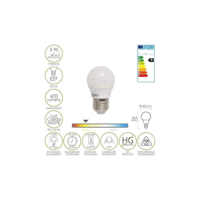 

Bombilla led esferica e27 5 w. - 40 w. 470 lúmenes. luz cálida (3.000 °k).
