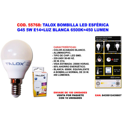 Bombilla LED Esférica G45 5W E14 Blanca 6500K 450 Lumen TALOX