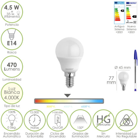 bombilla led esferica rosca e14 4.5 watt. equivale a 35 watt. 470 lumenes. luz neutra (4000º k)