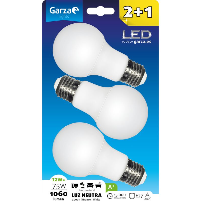 

Garza - Bombilla LED estándar 12W, casquillo E27, 240º, 1060 lumenes, Luz neutra, pack 3