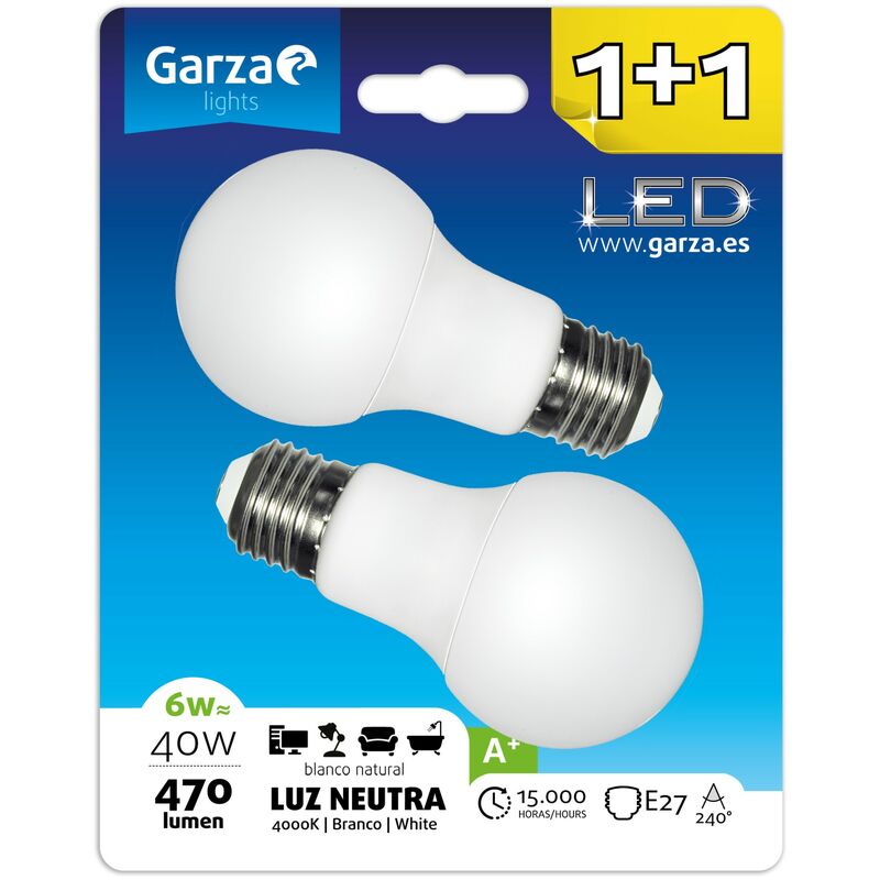 

Garza - Bombilla LED estándar 6W (equivale a 40W) casquillo E27 240º 470 lumenes, Luz neutra Blister 1+1