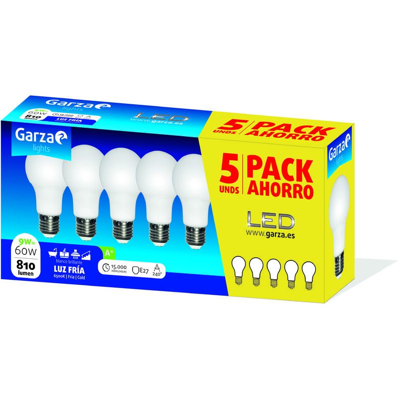 

Bombilla Led estándar Garza E27 9W, luz fría 6500K, 810 lúmenes y ángulo de 240° no regulable - 5 únidades en caja