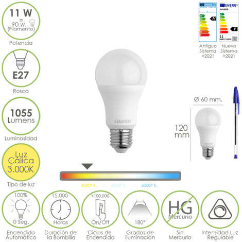 Bombilla Led Estandar Rosca E27. 11 Watt. Equivale A 90 Watt. 1055 Lumenes. Luz Calida (3000º K.) Dimerable