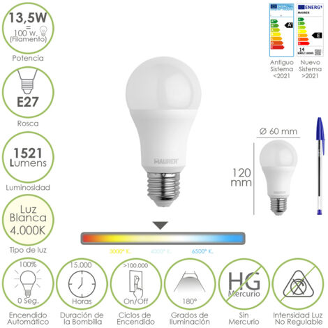 bombilla led estandar rosca e27. 13,5 watt. equivale a 100 watt. 1521 lumenes. luz neutra (4000º k.)